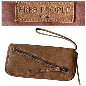 Free People Distressed Vegan Leather Wristlet Wallet Brown Tan